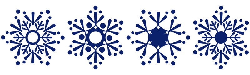 Set of beautiful isolated blue snowflakes. Vector symbol of frosty winter precipitation. Snowfall icon set. Christmas holiday design with copy space.