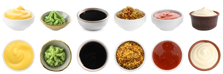 Wasabi and other condiments in bowls isolated on white, set. Top and side view