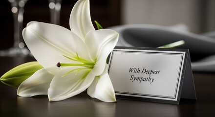With deepest sympathy card laying beside white lily flower on dark wooden table. Condolence card as elegant expression of sympathy, conveying heartfelt emotions and support in times of grief.