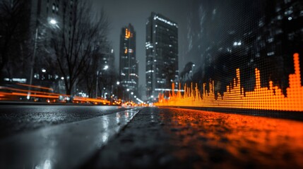 Urban financial data display on city street at night