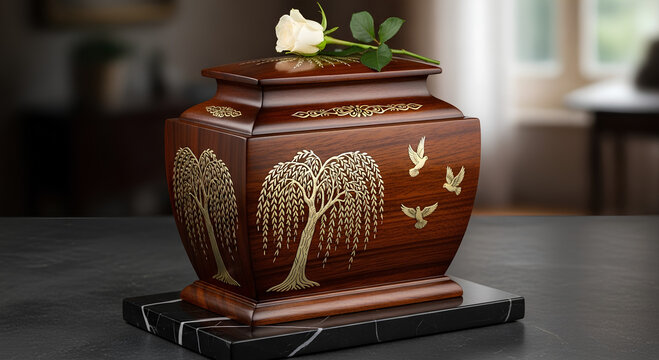 Wooden cremation urn sits with cream rose, embodying quiet reflection. Urn is meticulously crafted, reflecting lasting memory and respectful sorrow, with symbols of peace and eternal rest. - Powered by Adobe