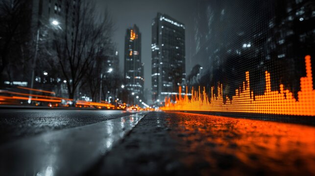 Urban financial data display on city street at night