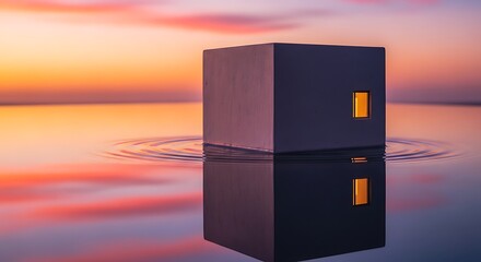 Geometric 3D cube illustration of a blank packaging box against a sunset sky concept