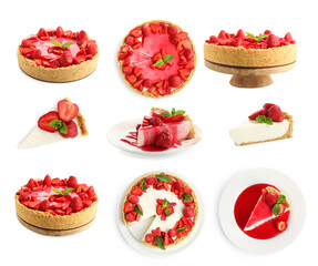 Delicious cheesecakes with strawberries isolated on white, collage