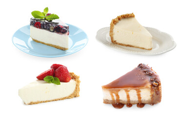 Pieces of various cheesecakes isolated on white, set