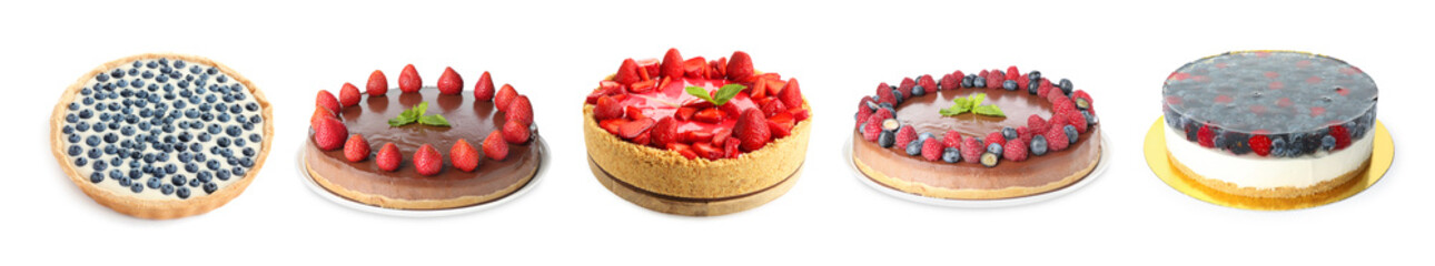 Various delicious cheesecakes isolated on white, set