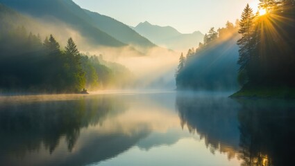 Fototapeta premium Sun rays shining through the trees over a lake in the early morning