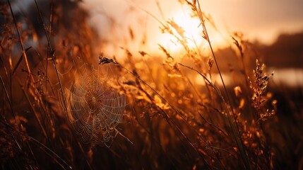 Morning Sunrise Over Dewy Grass and Spider Web, Nature's Tranquil Landscape, Golden Hour in a Serene Natural Environment