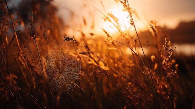 Morning Sunrise Over Dewy Grass and Spider Web, Nature's Tranquil Landscape, Golden Hour in a Serene Natural Environment - Powered by Adobe