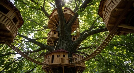 Ancient Asian Buddha statue in the Wat Phra Kaew temple surrounded by old stone architecture and lush summer trees in Thailand
