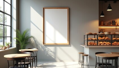 Modern bakery interior with empty wooden frame on wall. Display case full of fresh bread and pastries. Tables and chairs near window with plant. Bright natural light.
