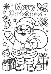 Cartoon Santa Claus with gifts wishes a Merry Christmas, perfect for coloring page, transparent background, coloring pages, kids , coloring, pages