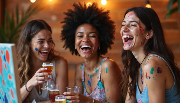 Three diverse women laugh loudly at paint, sip event. They have colorful paint on faces, clothes. Friends enjoy art therapy, drinks, creative time together. Happy girls socialize, create art.