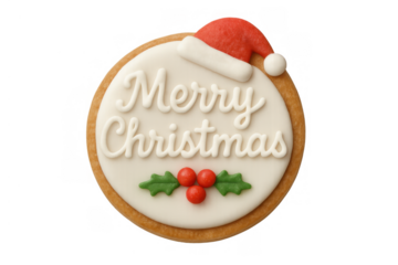 Christmas cookie with merry christmas written in icing, featuring santa hat and holly decoration on transparent background