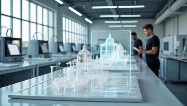 Engineers observe 3D architectural models created by 3D printers. Future building design developed in modern factory lab with holographic displays, digital tools. Tech team plans construction
