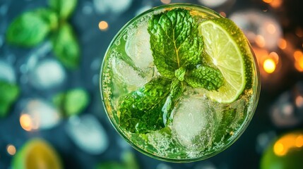 Refreshing cocktail with ice, lime and mint