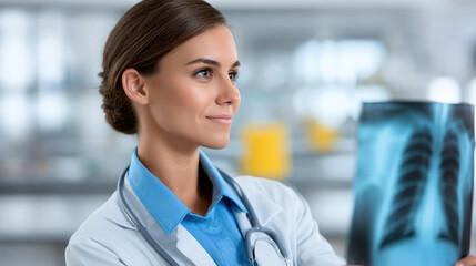 Fototapeta premium Female doctor examining chest x ray in hospital, confident expression, professional medical uniform, modern healthcare setting