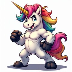 Fototapeta premium Muscular unicorn with rainbow mane and golden horn stands ready. This powerful fantasy creature shows strength and determination for combat. Its vibrant colors and bold stance make it unique.