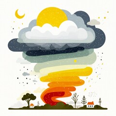 Colorful whirl of clouds and sun over a simple landscape scene