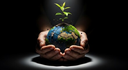 Human hands gently holding the blue globe representing world protection and green ecology care concept