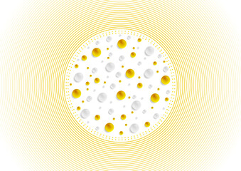 Yellow circular lines and orange grey glossy spheres abstract geometric background. Vector design