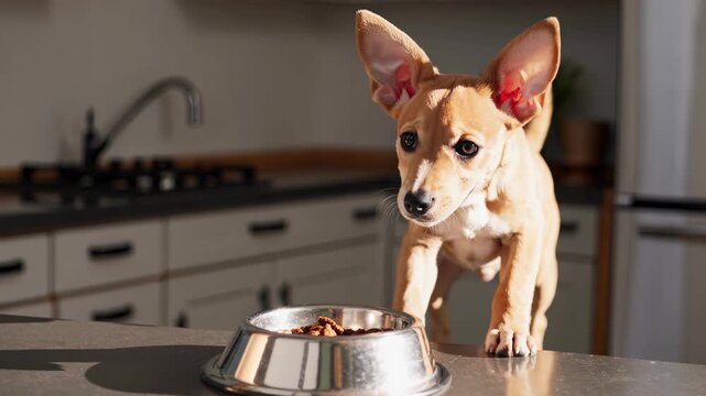 Puppy reaches for bowl kibble on kitchen countertop while small chihuahua dog sniffs food and approaches eating pet with curious expression near stainless bowl and shiny reflection under warm sun