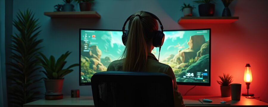Woman wearing headphones plays video game on computer. Gaming setup includes monitor keyboard mouse. Room features plants and mood lighting. She focuses intently on screen.