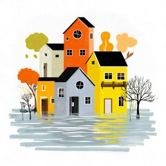 Colorful houses in flood with trees and foliage in a minimalistic style