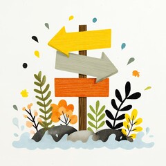 Minimalistic road sign with colorful arrows and foliage design