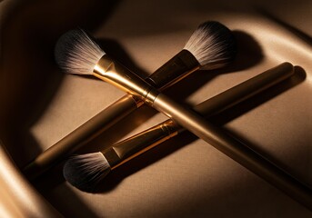 Makeup brushes arranged on reflective surface beauty and cosmetic products