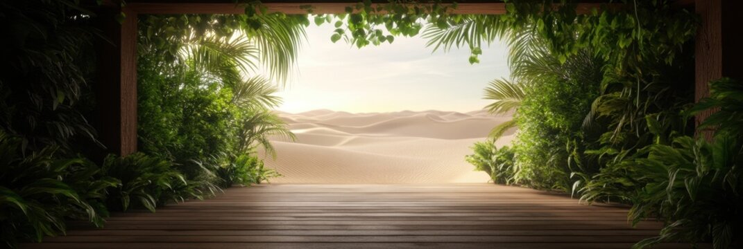 Tranquil oasis view with lush greenery and desert dunes - Powered by Adobe