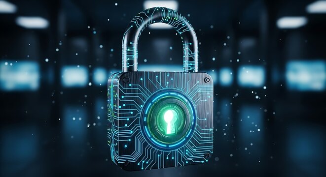 A futuristic digital padlock with glowing green keyhole, symbolizing cybersecurity and data protection in a modern tech environment.