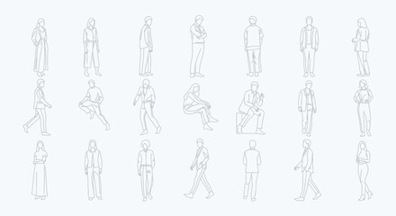 Diverse minimalist line art human figures in various poses. Generic people illustrations for architectural rendering, UI, urban planning, and modern infographics