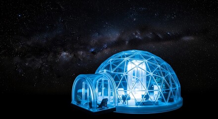 Blue planet Earth globe in the night sky with a bright star and a telescope dome building observatory