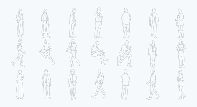 Diverse minimalist line art human figures in various poses. Generic people illustrations for architectural rendering, UI, urban planning, and modern infographics
