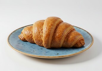 Delicious golden croissant on a blue plate against a white background