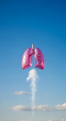 A kite and white balloons fly high in the blue and red sky, bright with color and light