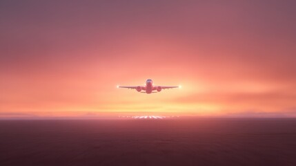 Fototapeta premium Airplane taking off against vibrant sunset sky