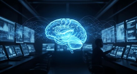 A glowing blue digital brain hovers above a futuristic control room filled with monitors displaying data.