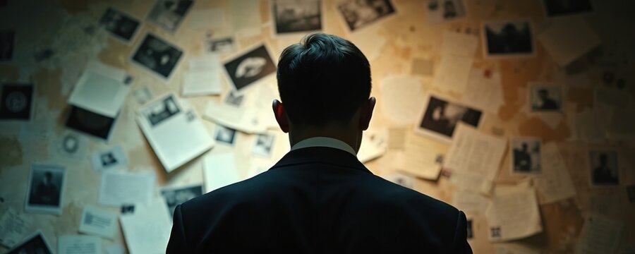 Man in suit reviews wall of photos and documents. Researching on secret case. Investigating mystery, solving crime, covert ops, deep strategy.