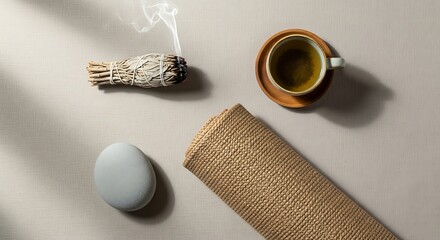 A steaming hot coffee cup with a chocolate cookie and saucer on a brown table for morning breakfast
