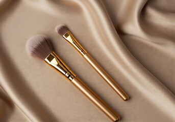 Makeup brushes displayed on beige satin fabric with overhead lighting