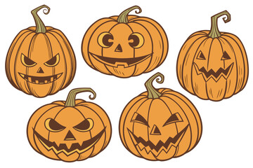 Realistic Carved Orange Pumpkins with Spooky Jack-o'-Lantern Faces – 3D Halloween Digital Art