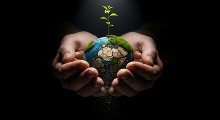 Hands cradle the blue-green earth or globe, a concept of global care and protection for the planet's environment