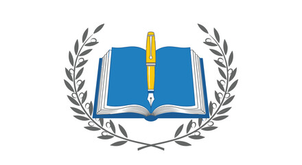 An open book with a quill pen sits within a laurel wreath.