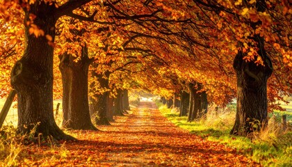 Autumn Pathway: A picturesque avenue lined with trees ablaze in autumn's warm hues, leading the viewer's eye into a tranquil, sun-dappled landscape.
