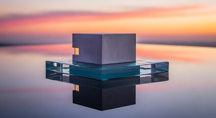 A 3D render of a modern building icon and a cube object on a black background for technology business data