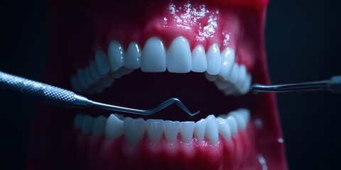 Dental health and hygiene - close-up of teeth and tools