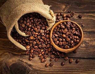 Roasted coffee beans spill from a burlap sack onto a wood table