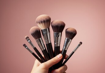 Makeup brushes held by hand against a warm background with copy space